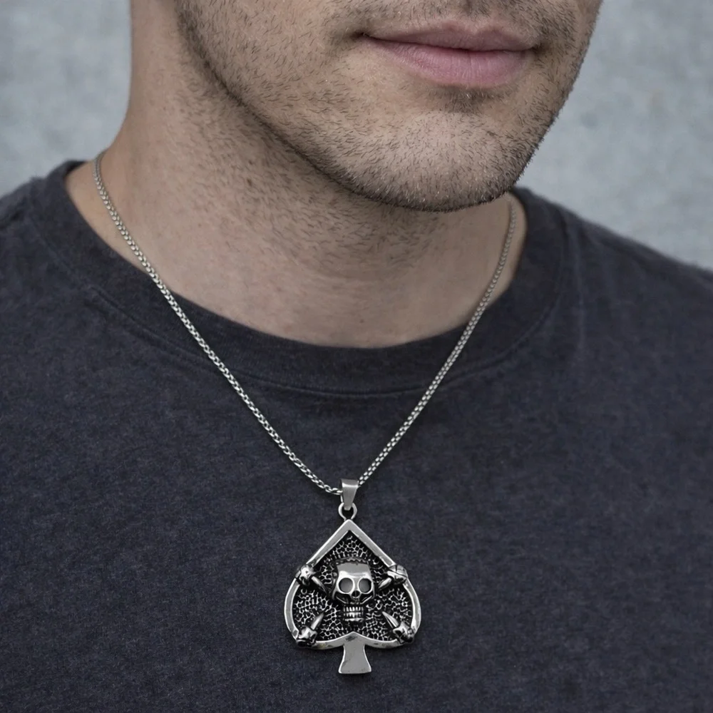 Titanium plated Skull Spade Pendant Necklace 23” Gothic Biker Punk